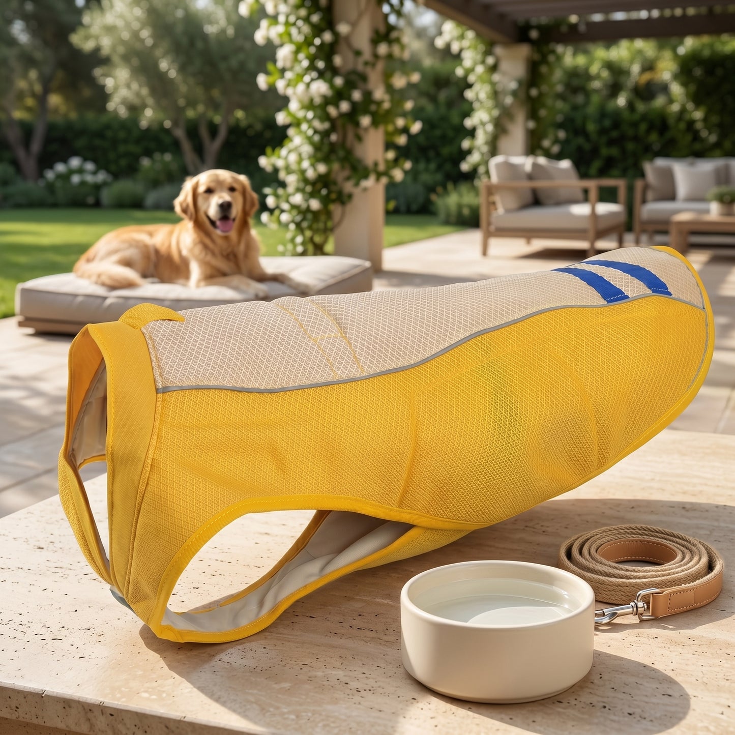 Arctic Frost dog cooling vest in high-visibility yellow mesh with blue stripes, sun protection swamp cooler jacket for summer.