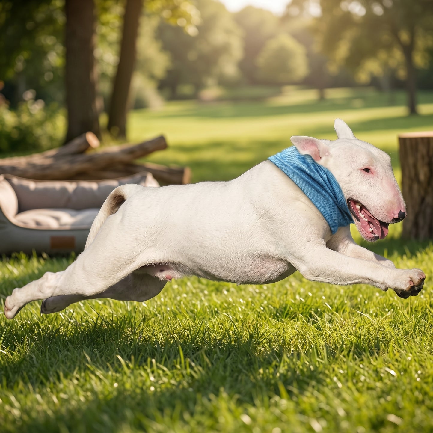 Arctic Chill blue dog cooling bandana scarf made of instant cooling mesh fabric worn by a running white Bull Terrier on grass.