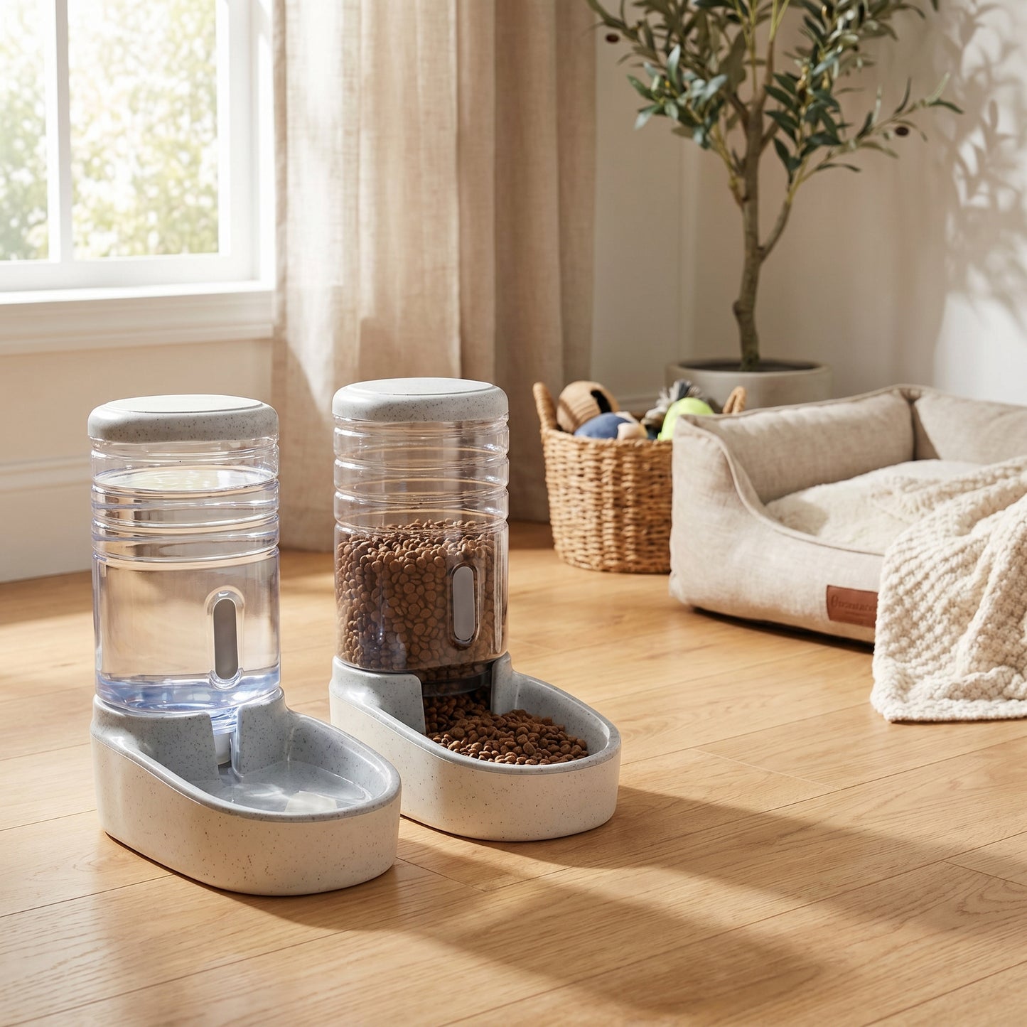 Speckled grey Nordic Feast automatic gravity feeder and water fountain combo units positioned next to a pet bed on a wooden floor.