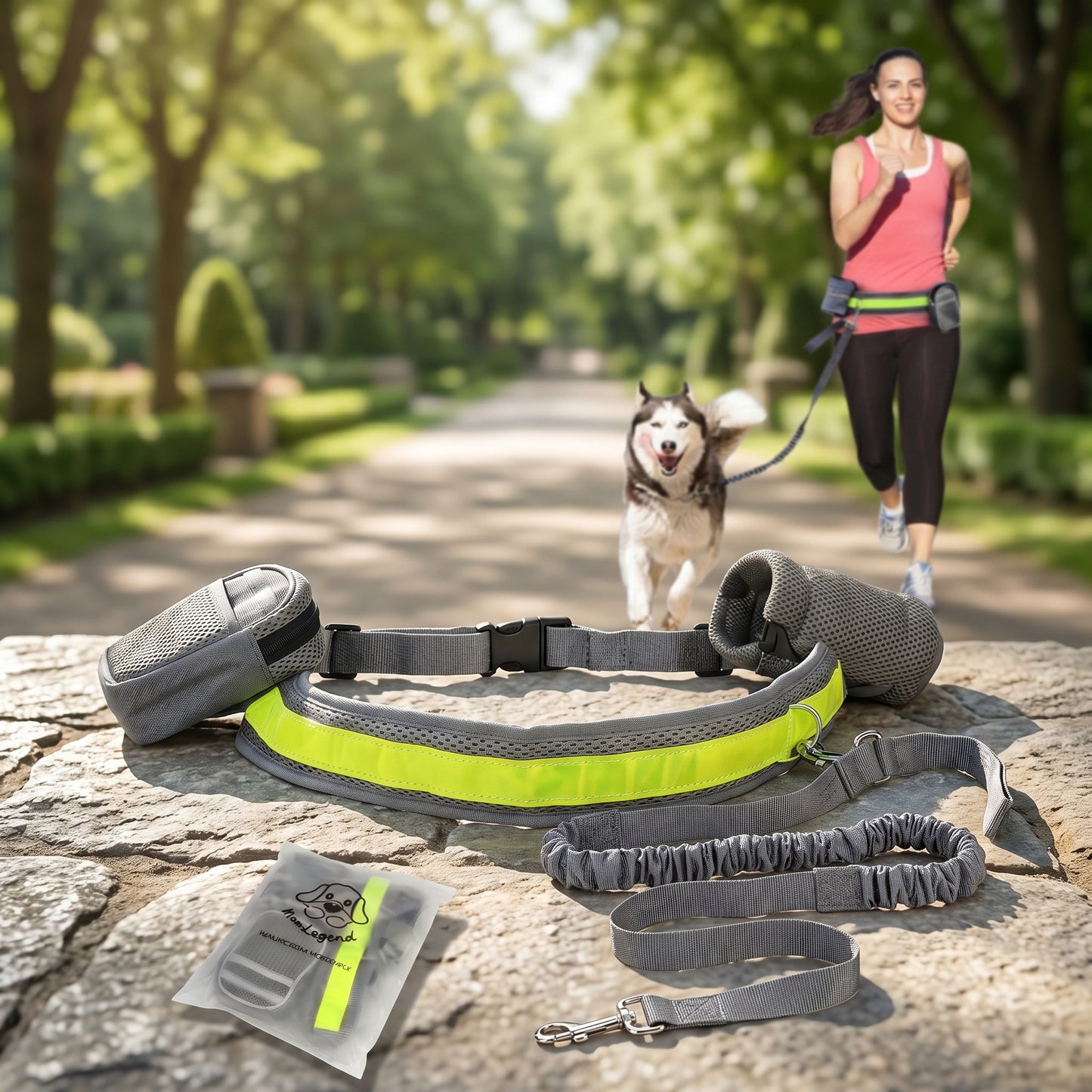 Grey Nordic Stride hands-free shockproof running belt set displayed on a stone surface with a person running with a dog in the background.