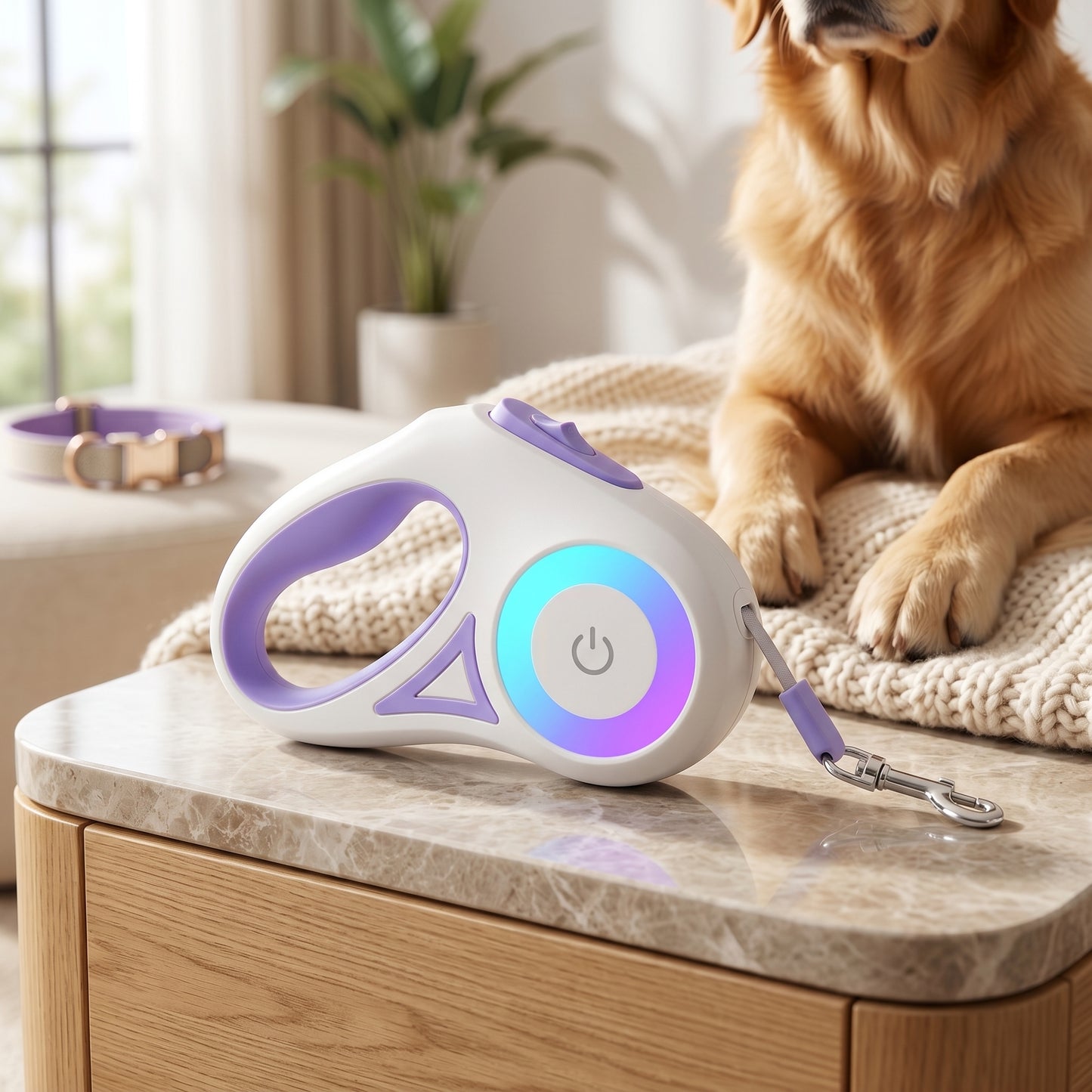 Light blue SmartWalk 2.0 retractable leash on a leather surface with a dog's paw visible.