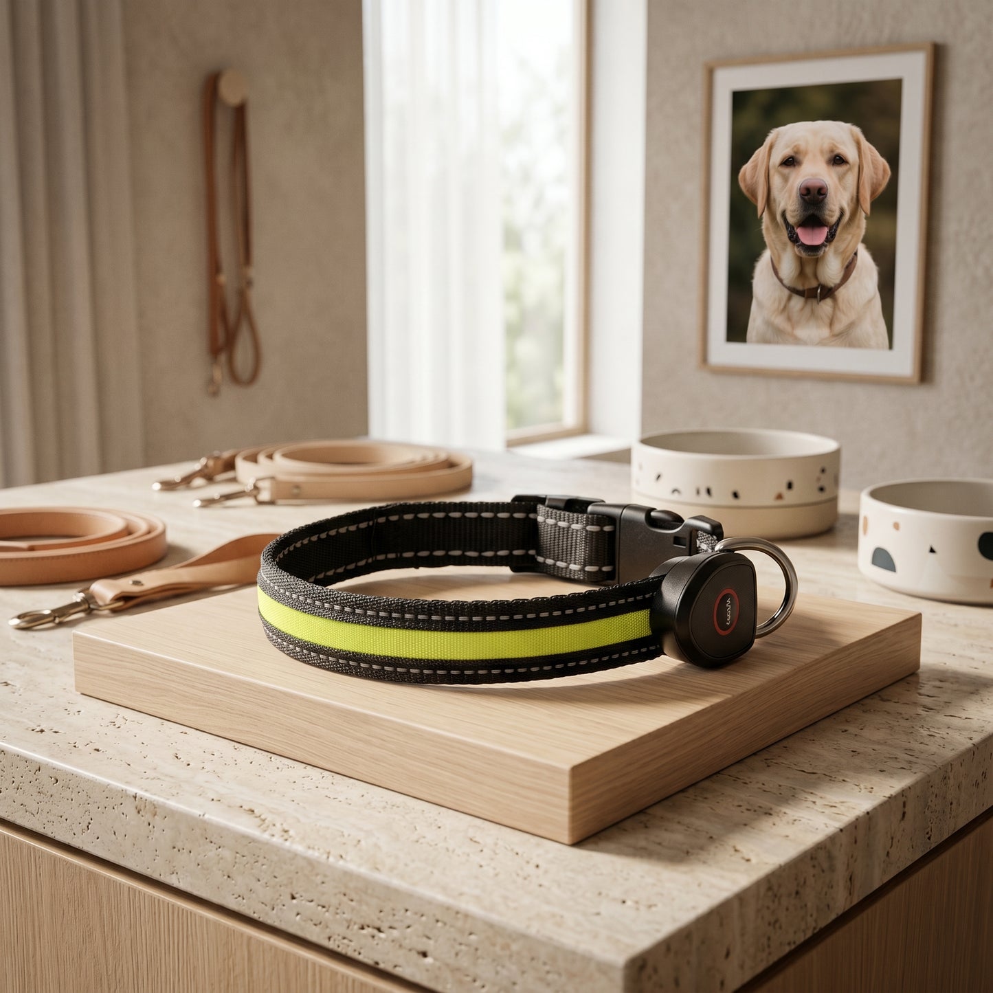 A black dog collar with a bright yellow reflective strip displayed on a light wooden block on a kitchen counter, with pet bowls and leashes in the background.