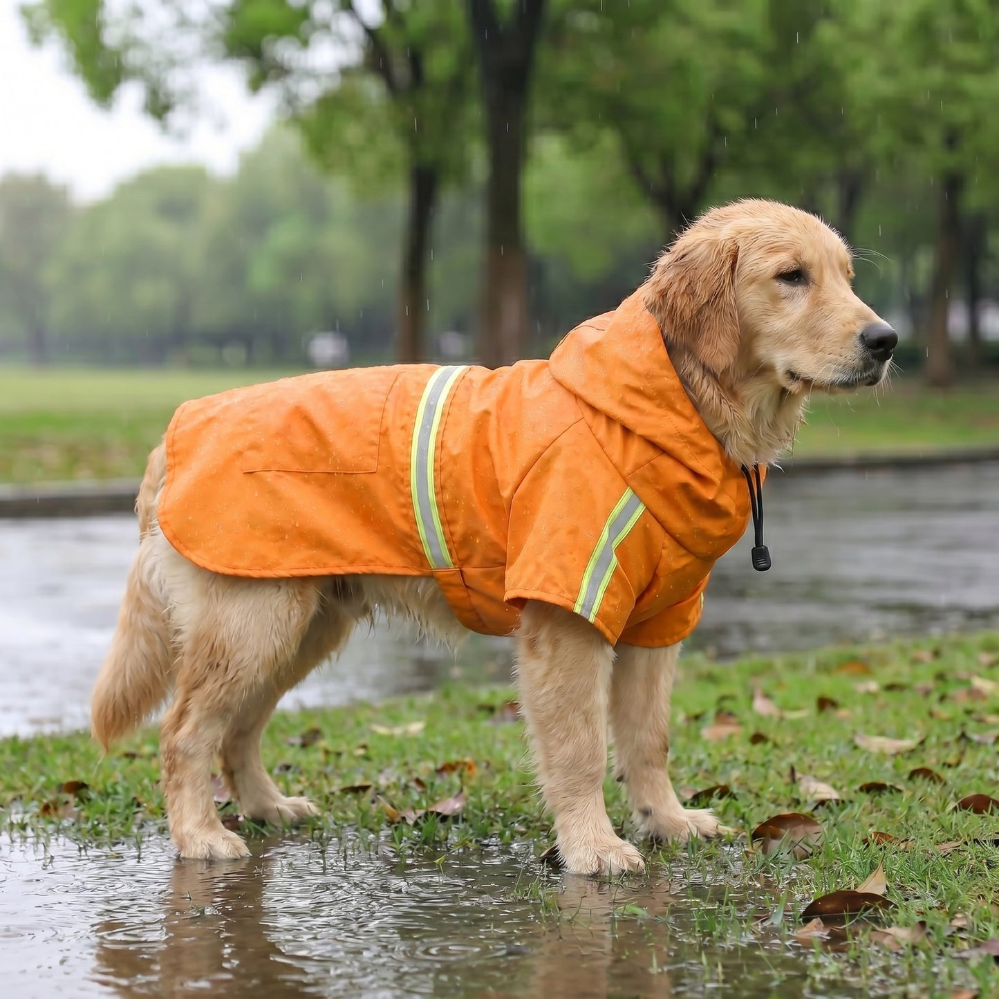 Golden Retriever wearing an orange waterproof dog raincoat with reflective strips, standing on wet grass.