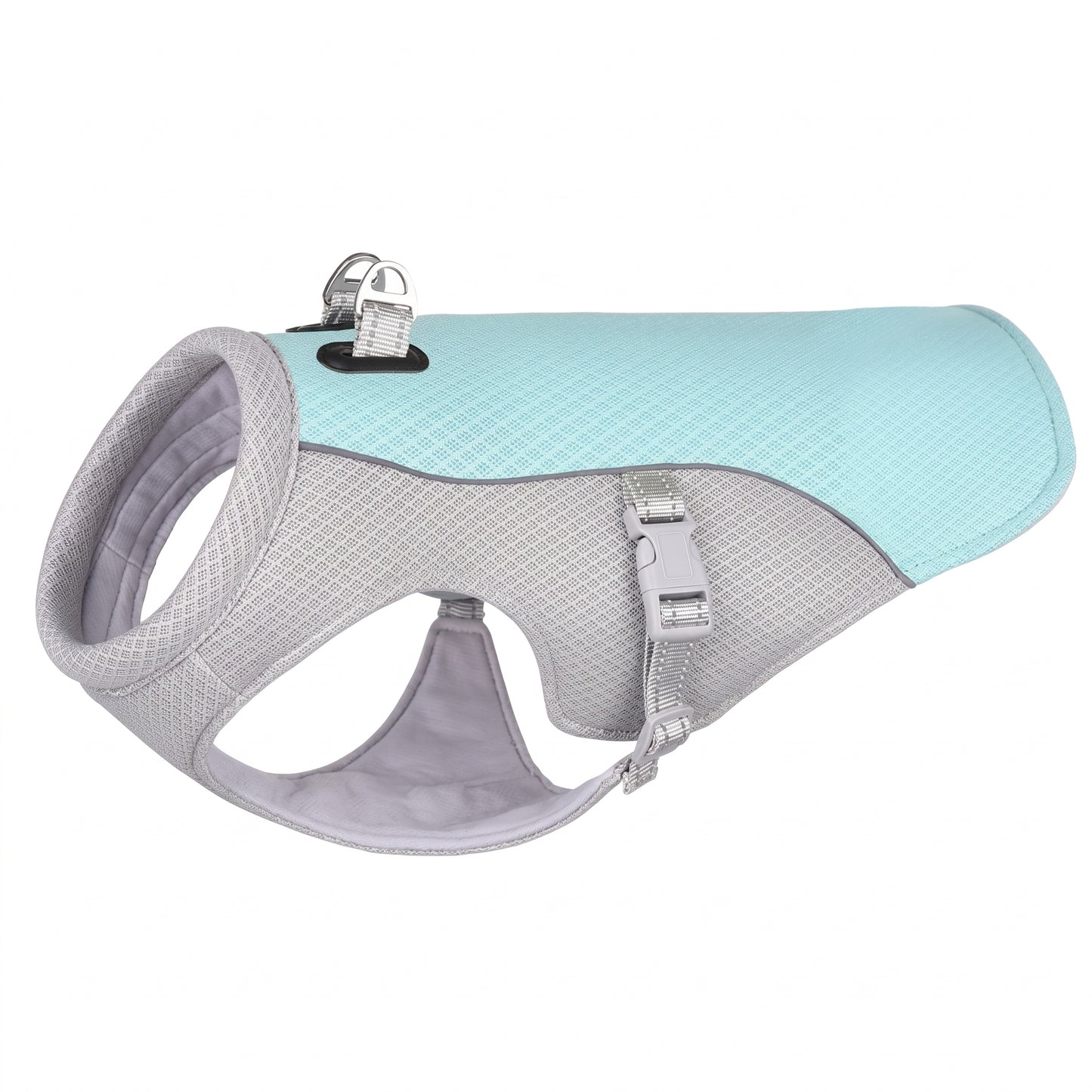 Arctic Breeze dog cooling vest in blue mesh and grey fabric, swamp cooler jacket with dual leash D-rings.