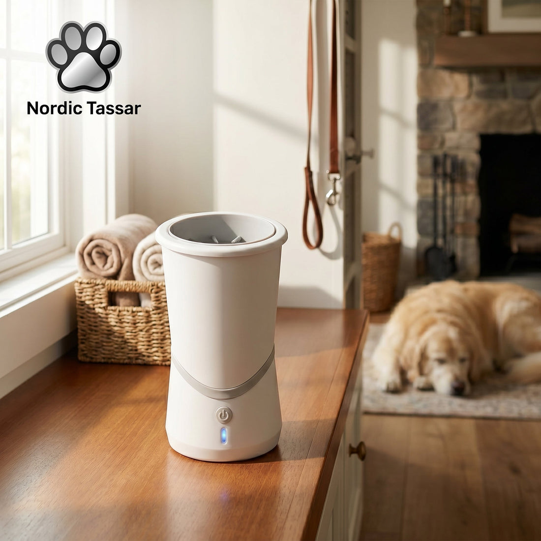 PawJet Pro automatic dog paw cleaner with a golden retriever resting in the background in a modern home.