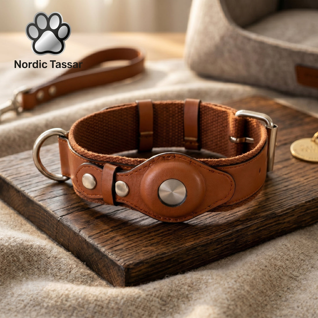 Premium brown leather Airtag dog collar with an integrated secure holder and matching leash on a wooden surface.
