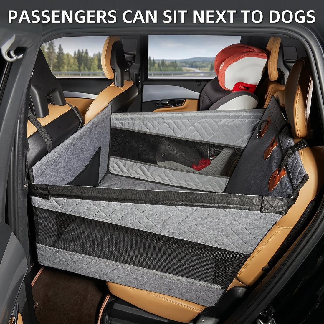 Grey car seat protection barrier designed to keep dogs securely in the back seat while allowing passengers to sit next to them.
