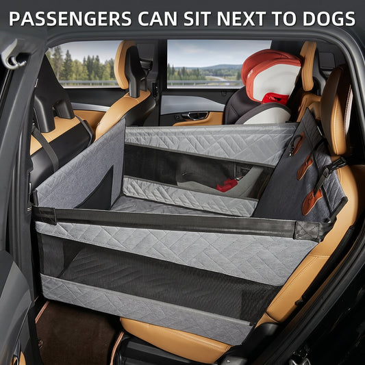 Grey car seat protection barrier designed to keep dogs securely in the back seat while allowing passengers to sit next to them.