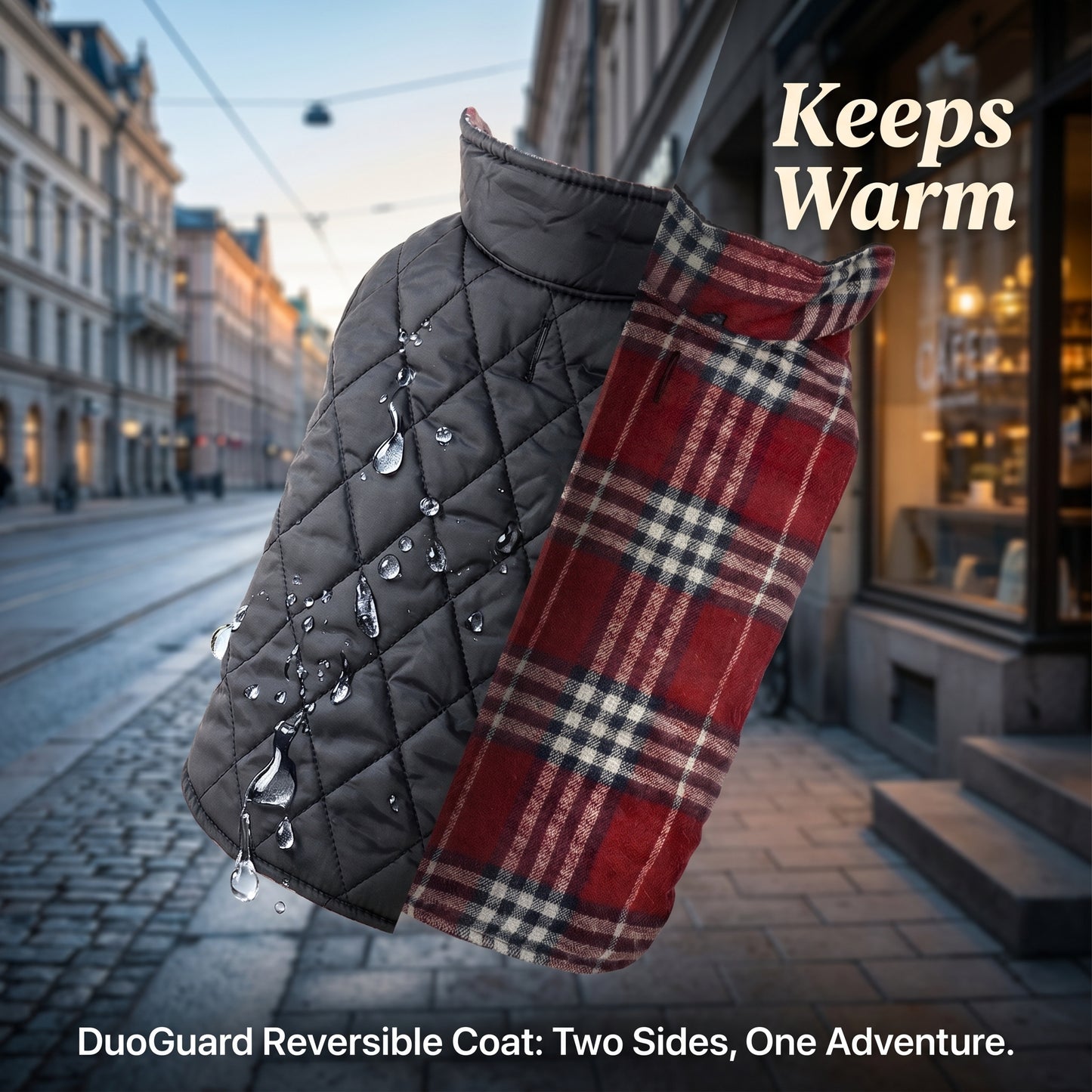 Promotional image for DuoGuard Reversible Coat with text "Keeps Warm", showcasing a water-resistant black quilted side and a red plaid side against a city street backdrop.