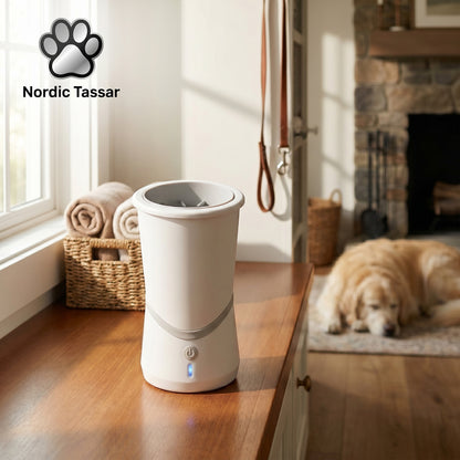 PawJet Pro automatic portable dog paw cleaner, shown in a modern home setting with a Golden Retriever resting in the background.