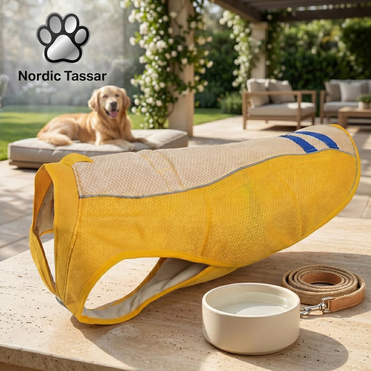 Arctic Frost dog cooling vest in high-visibility yellow mesh with blue stripes, sun protection swamp cooler jacket for summer.