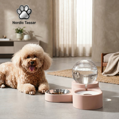 Pink automatic hydration and feeding station with a water dispenser and food bowl, featuring a dog sitting next to it.