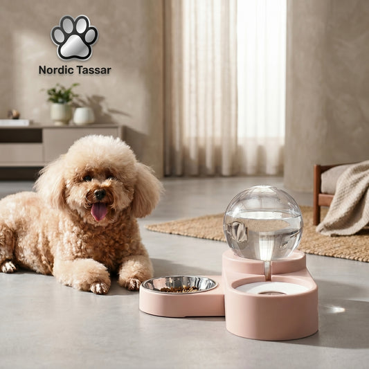 Pink automatic hydration and feeding station with a water dispenser and food bowl, featuring a dog sitting next to it.