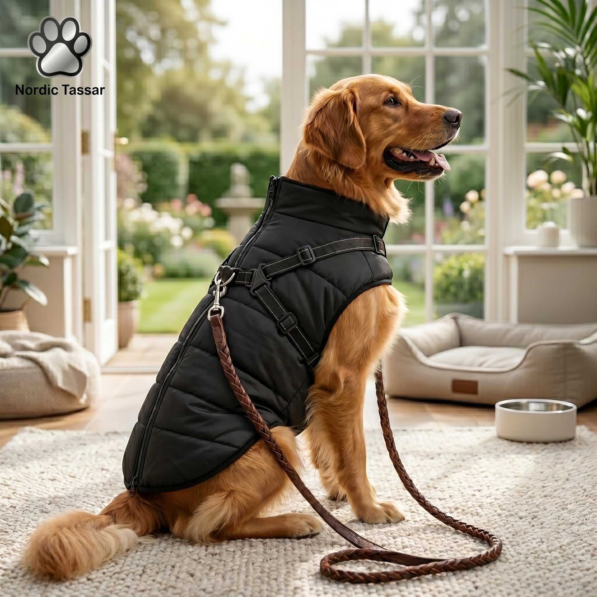 A golden retriever sitting indoors wearing a black Nordic Tassar PufferGuard Reflex dog coat with an attached leash.