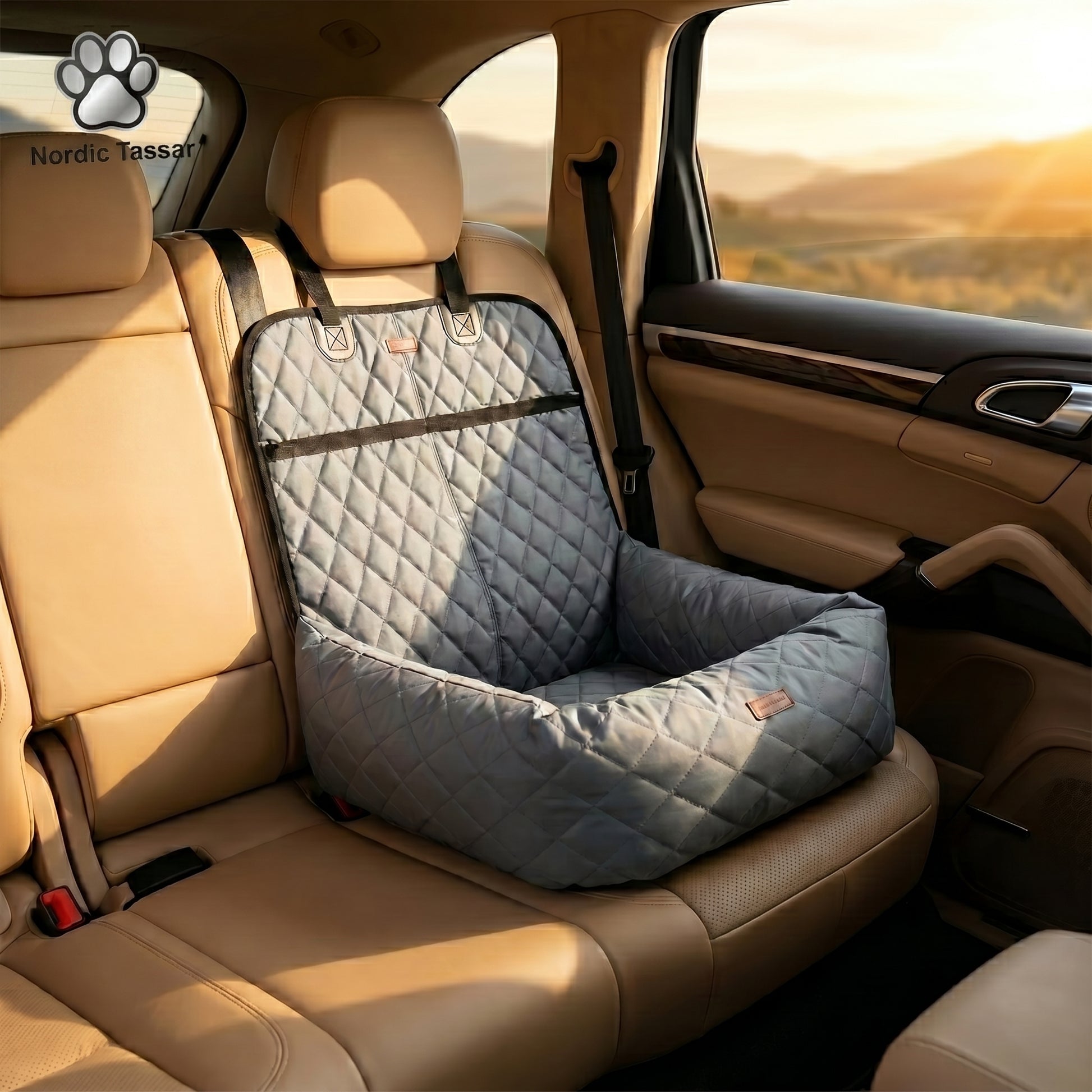 Nordic Throne Luxury Car Pet Suite installed in the back seat of a vehicle, featuring a quilted design with the Nordic Tassar logo.