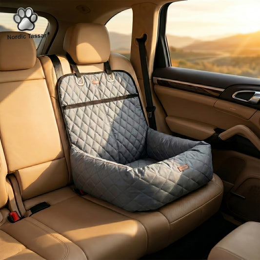 Nordic Throne Luxury Car Pet Suite installed in the back seat of a vehicle, featuring a quilted design with the Nordic Tassar logo.