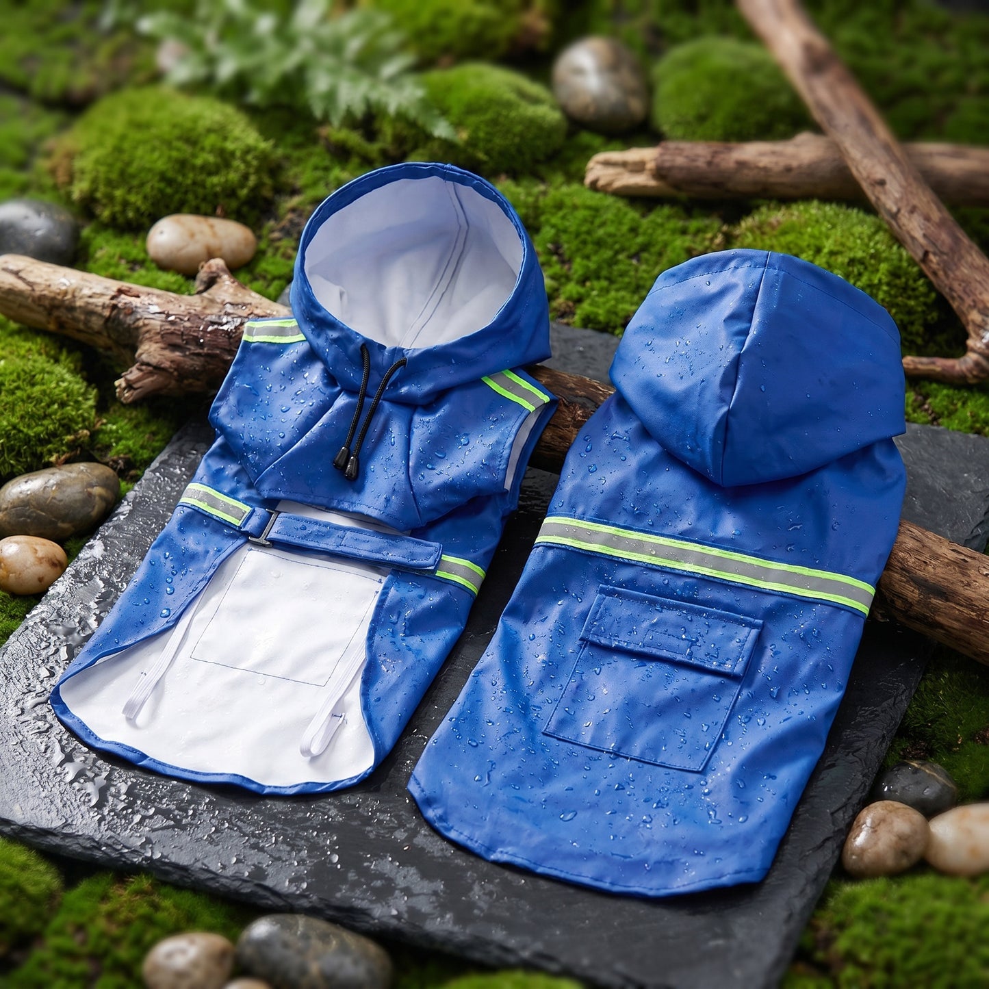 Blue waterproof dog raincoats with reflective strips and hoods, displayed on a natural mossy surface with branches.