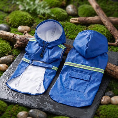Blue waterproof dog raincoats with reflective strips and hoods, displayed on a natural mossy surface with branches.
