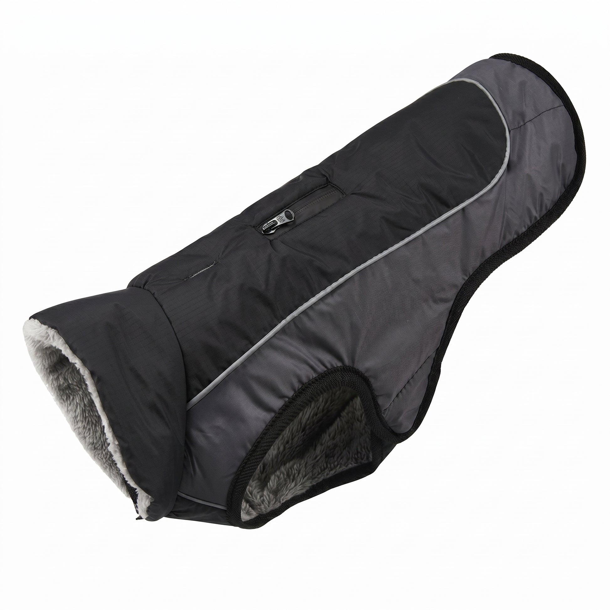 Grey and black insulated dog jacket with a reflective trim and a zippered pocket, presented on a white background.