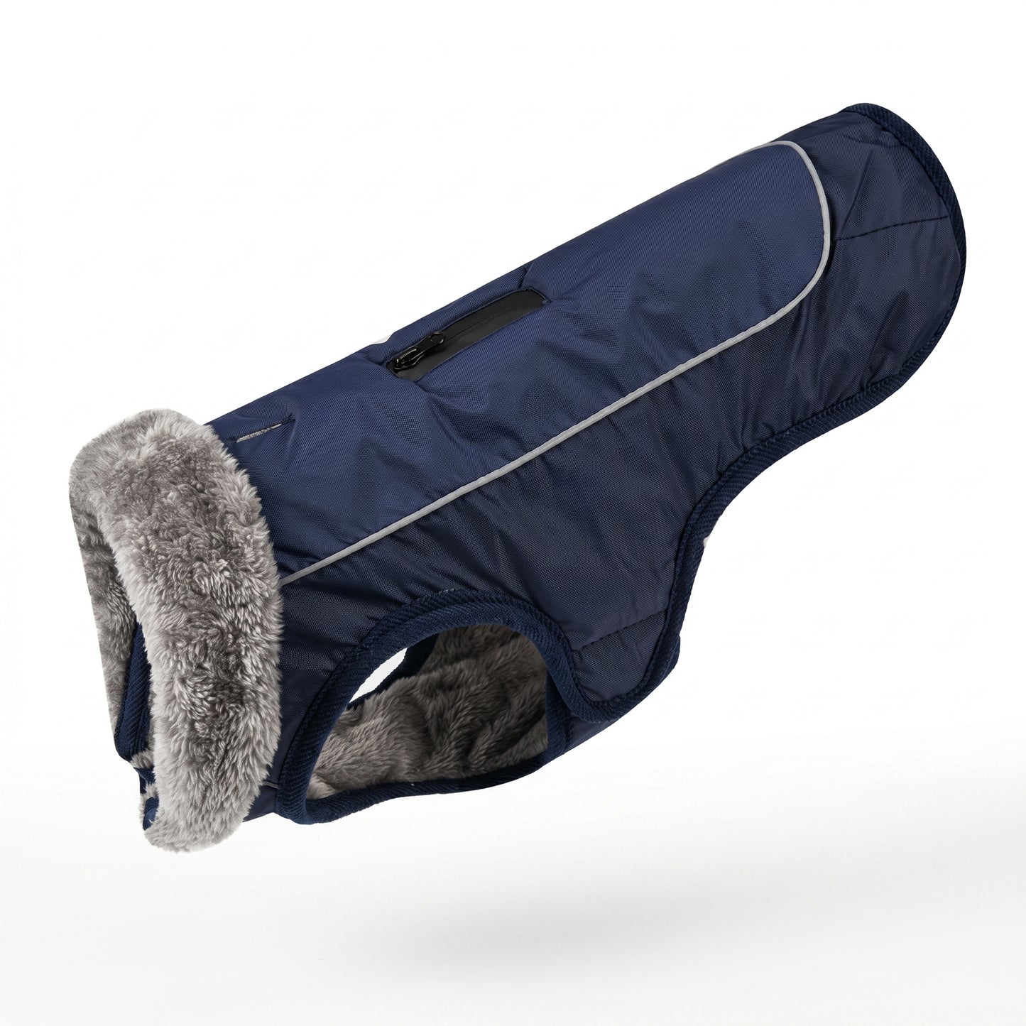 Blue insulated dog jacket with a reflective trim and a zippered pocket, presented on a white background.