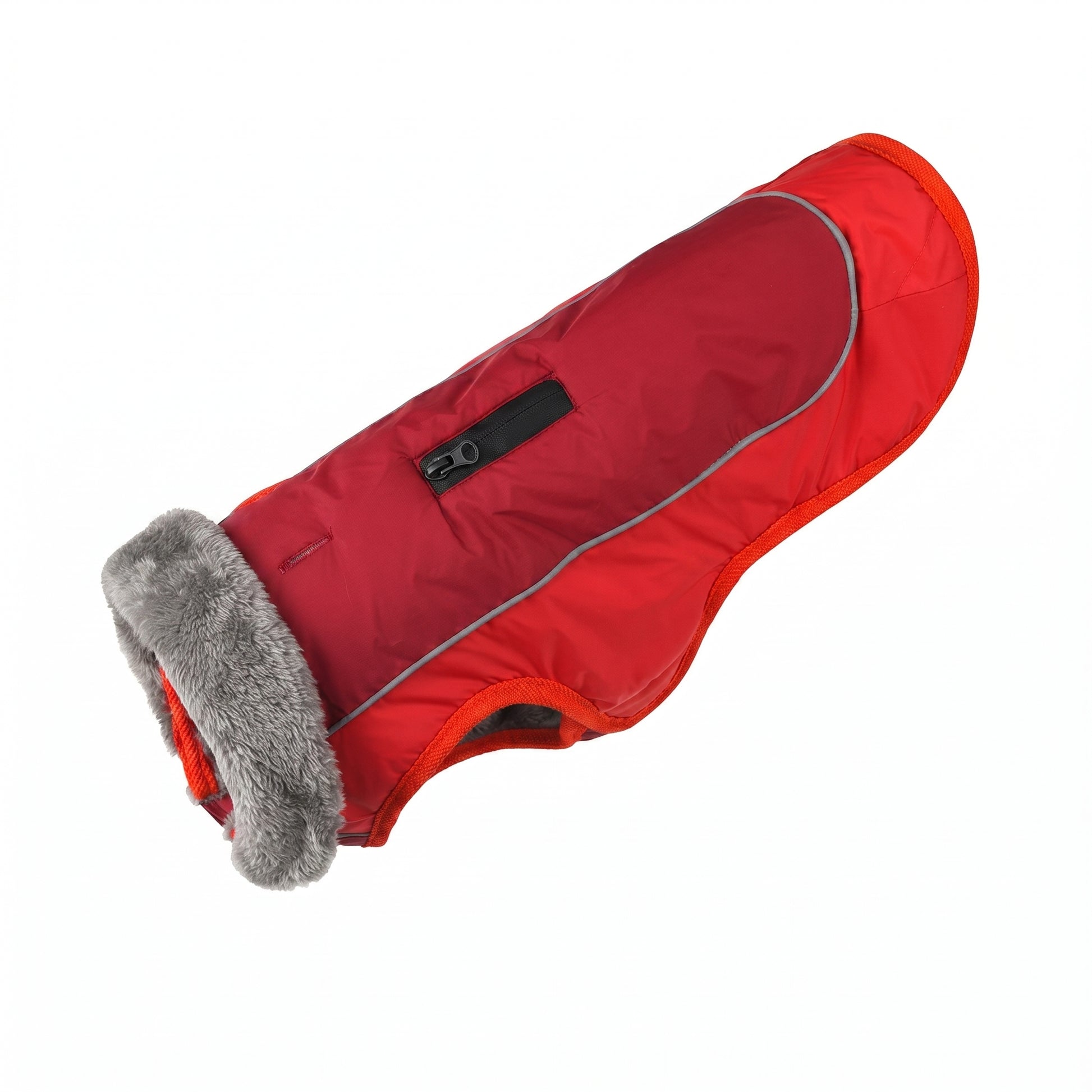 Red insulated dog jacket with a reflective trim and a zippered pocket, presented on a white background.