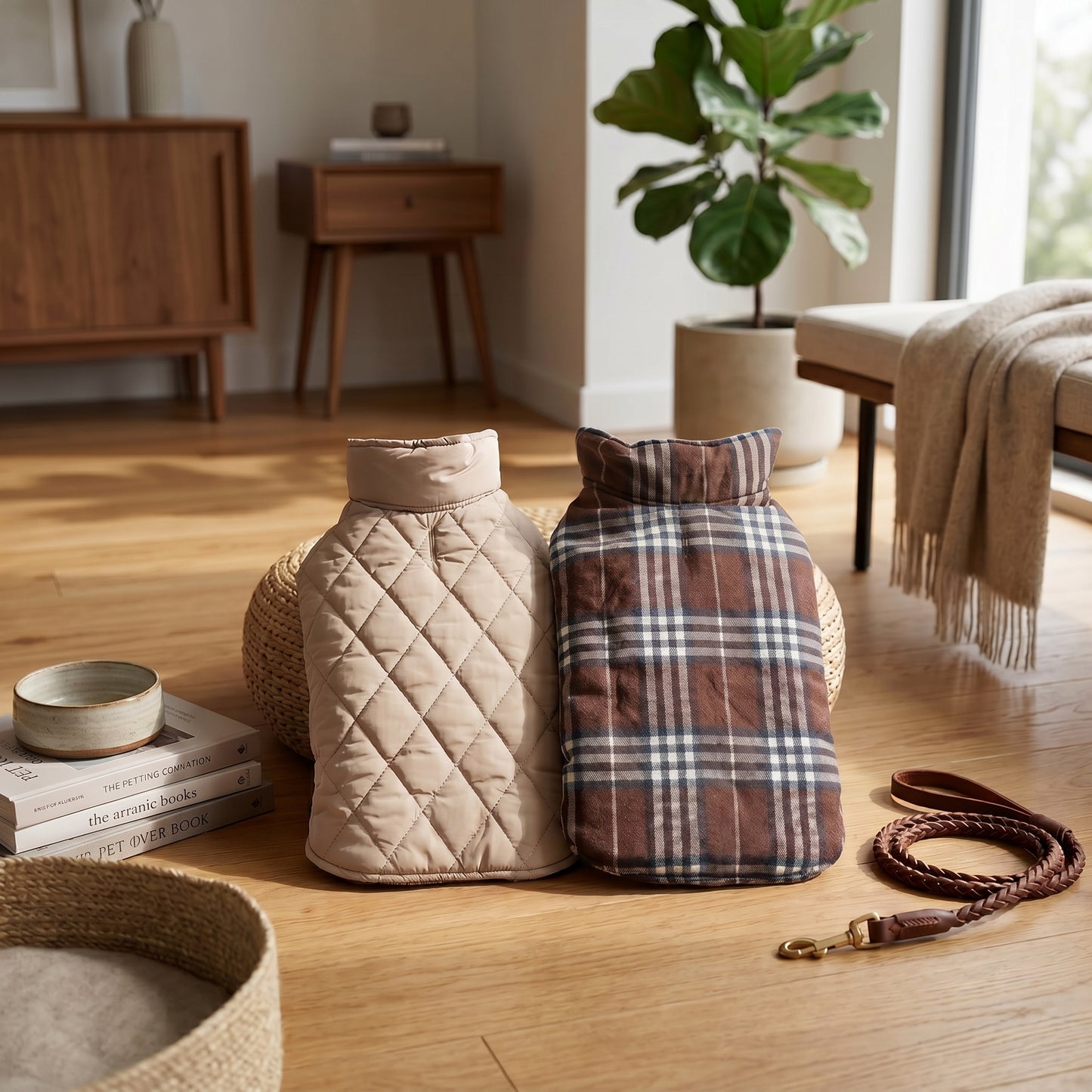 A beige quilted coat and a brown plaid coat displayed on a wooden surface with a brown leash and home decor.