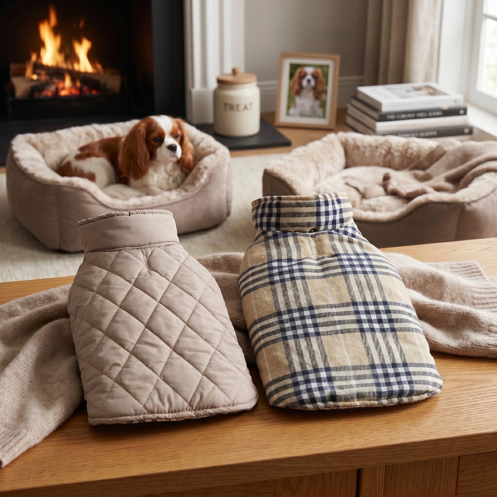 A beige quilted pet coat and a plaid pet coat displayed on a wooden table, with two dog beds and a Cavalier King Charles Spaniel resting in the background.