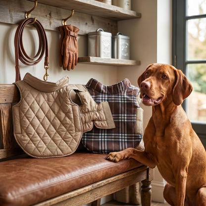 A brown short-haired dog standing next to a leather bench displaying a beige quilted dog vest and a brown plaid dog vest, with a matching leash hanging on the wall in the background.