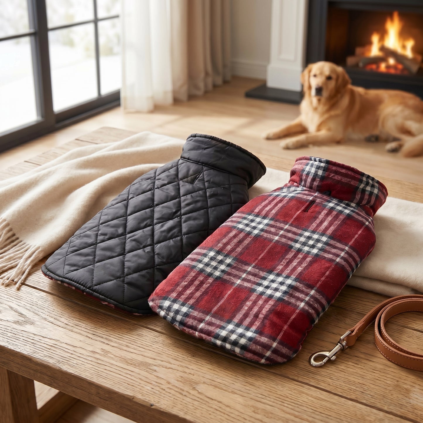 Black quilted vest and red plaid reversible dog coat displayed on a wooden table with a tan leash, with a golden-colored dog resting in a cozy room in the background.