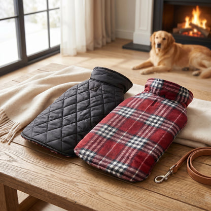 Black quilted vest and red plaid reversible dog coat displayed on a wooden table with a tan leash, with a golden-colored dog resting in a cozy room in the background.