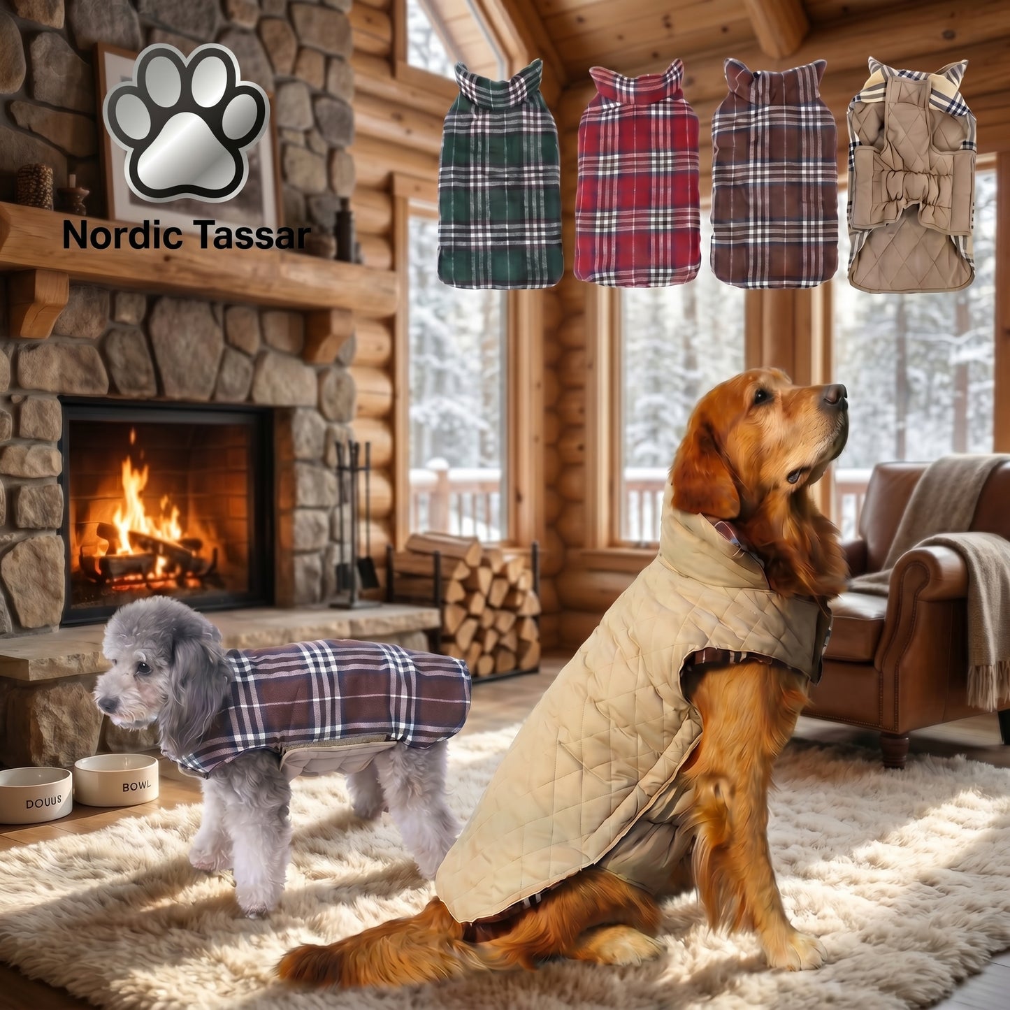 Golden Retriever and a Poodle wearing stylish tartan-patterned and quilted dog coats, sitting in a cozy cabin by a fireplace.