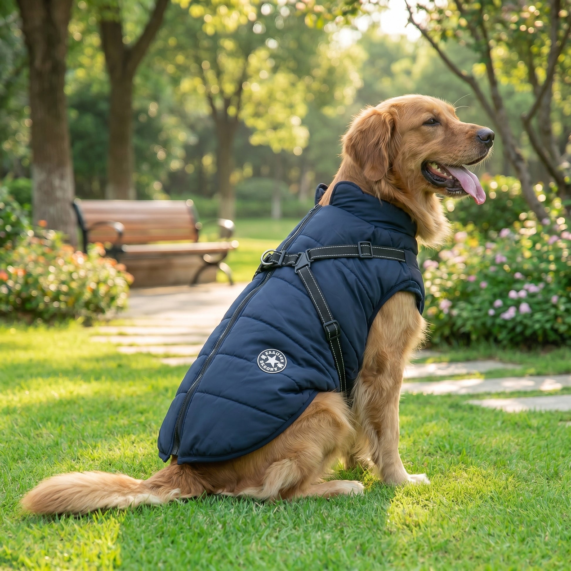 A Golden Retriever sitting in a grassy park wearing a navy blue PufferGuard Reflex waterproof dog coat.