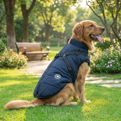 A Golden Retriever sitting in a grassy park wearing a navy blue PufferGuard Reflex waterproof dog coat.