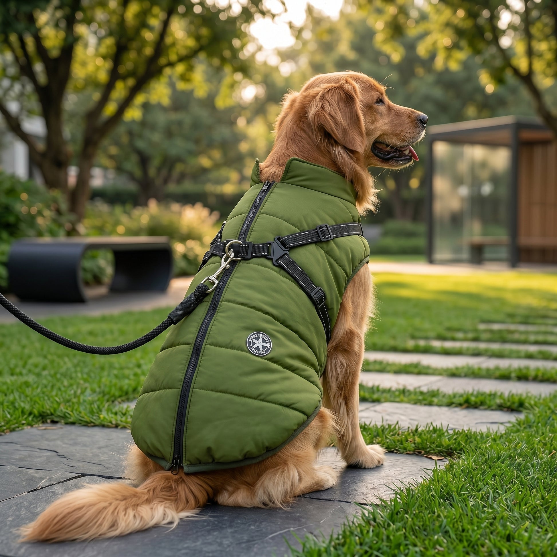 Golden retriever sitting on a stone path wearing a green PufferGuard Reflex waterproof dog coat.