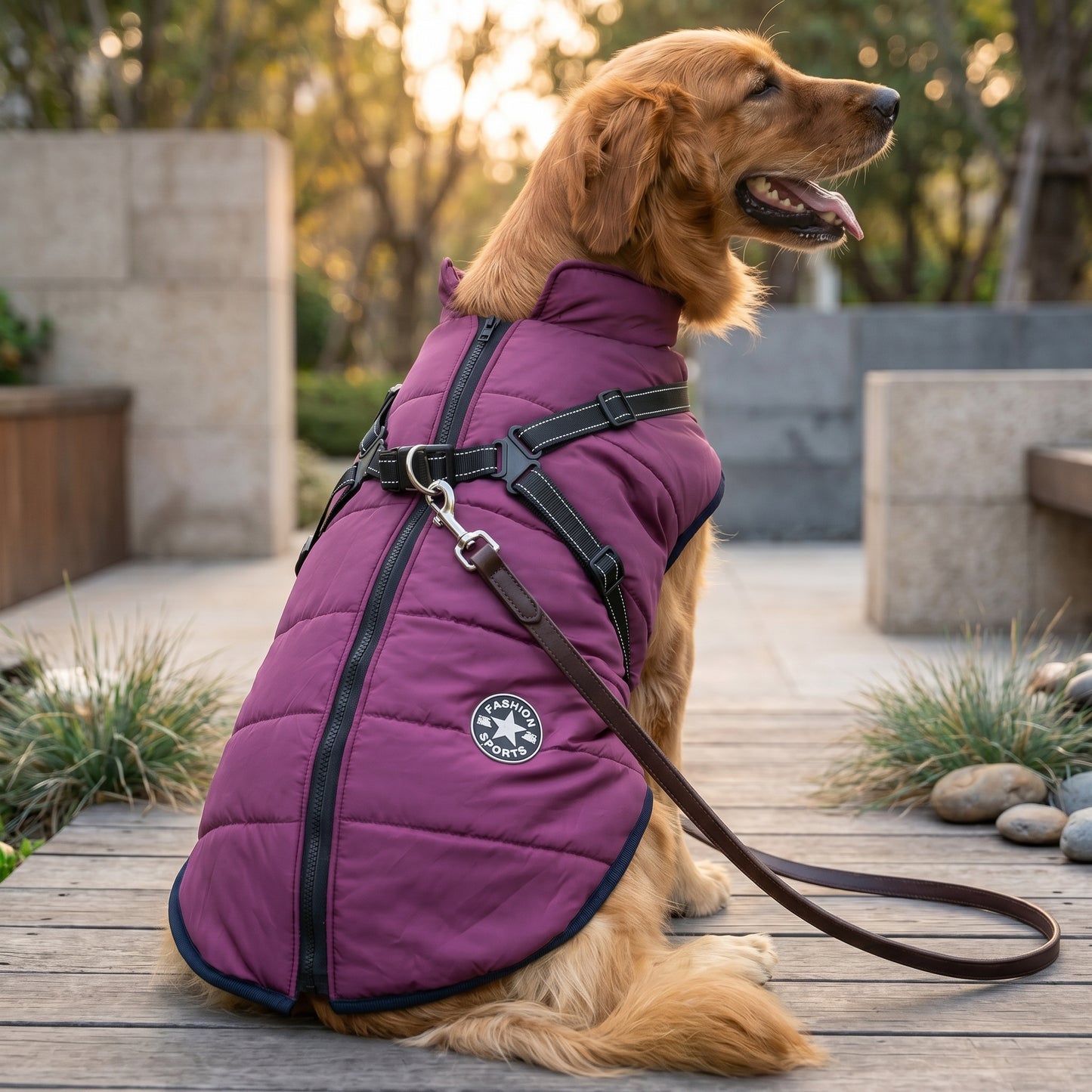 A Golden Retriever sitting outdoors on a stone path wearing a purple PufferGuard Reflex waterproof dog coat.