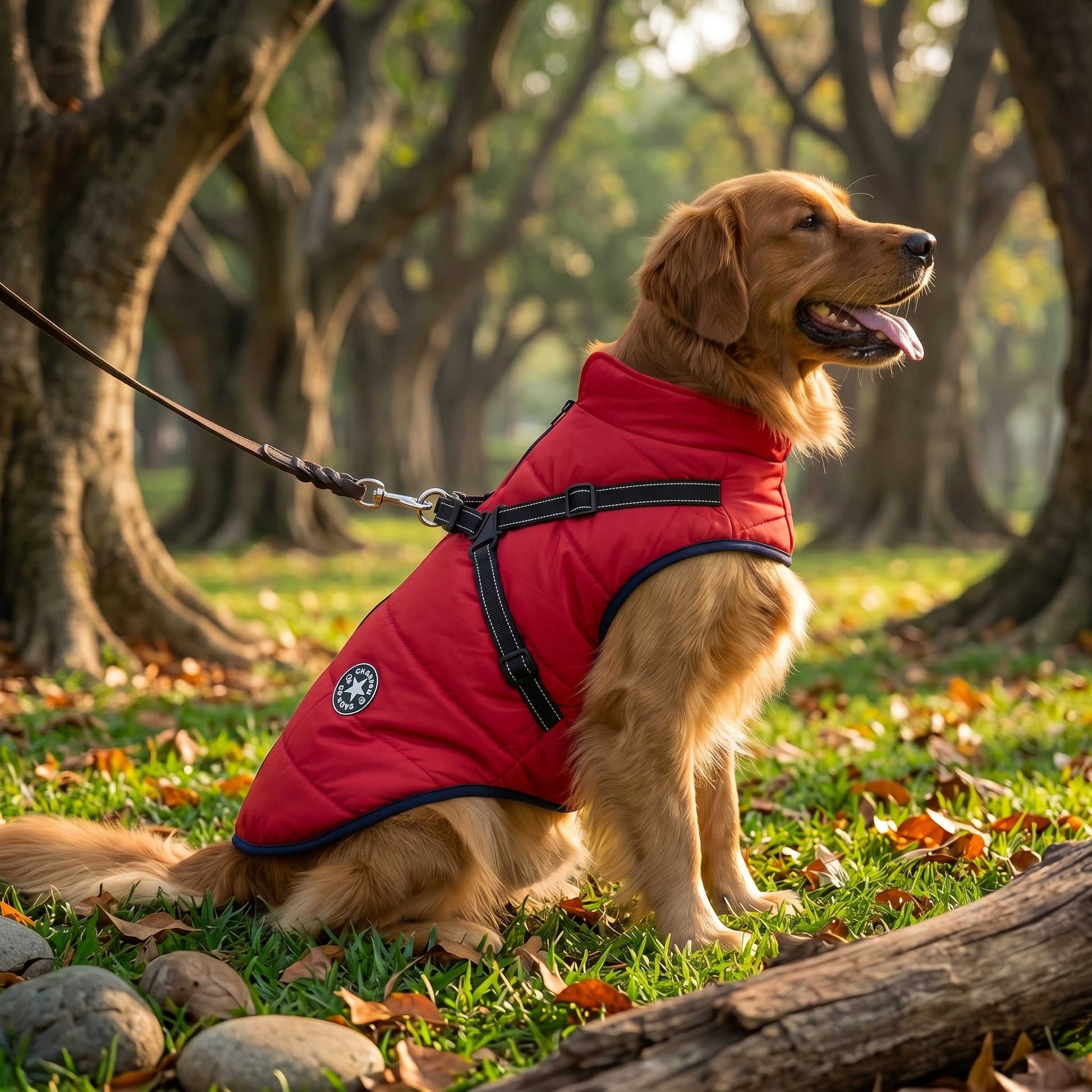 A golden retriever sitting outside in a park wearing a red PufferGuard Reflex dog coat.
