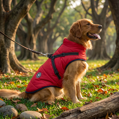 A golden retriever sitting outside in a park wearing a red PufferGuard Reflex dog coat.