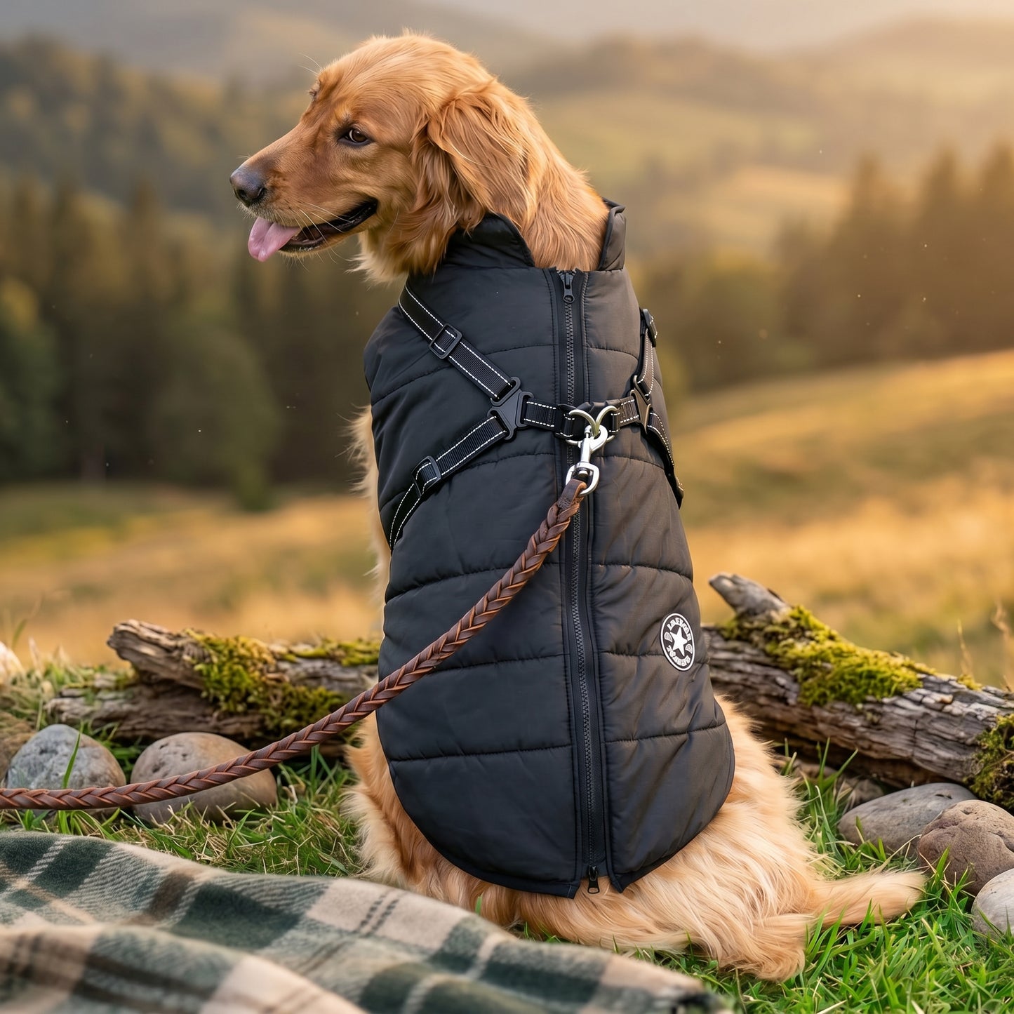 A Golden Retriever sitting in a natural outdoor setting wearing a black PufferGuard Reflex waterproof dog coat."