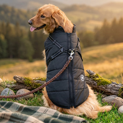 A Golden Retriever sitting in a natural outdoor setting wearing a black PufferGuard Reflex waterproof dog coat."
