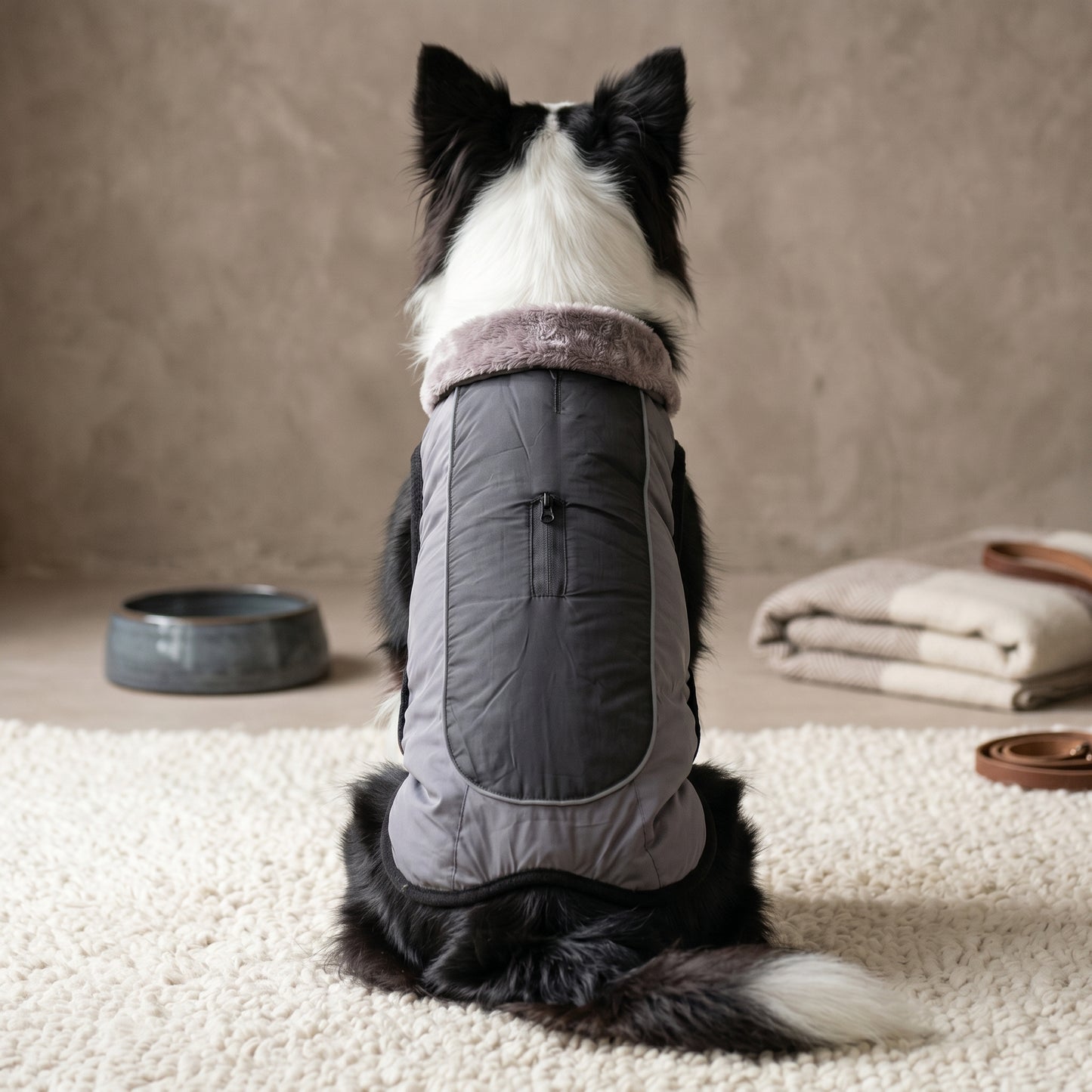 A dog with black and white fur, wearing a grey insulated winter dog jacket, sitting on a soft rug and viewed from behind.