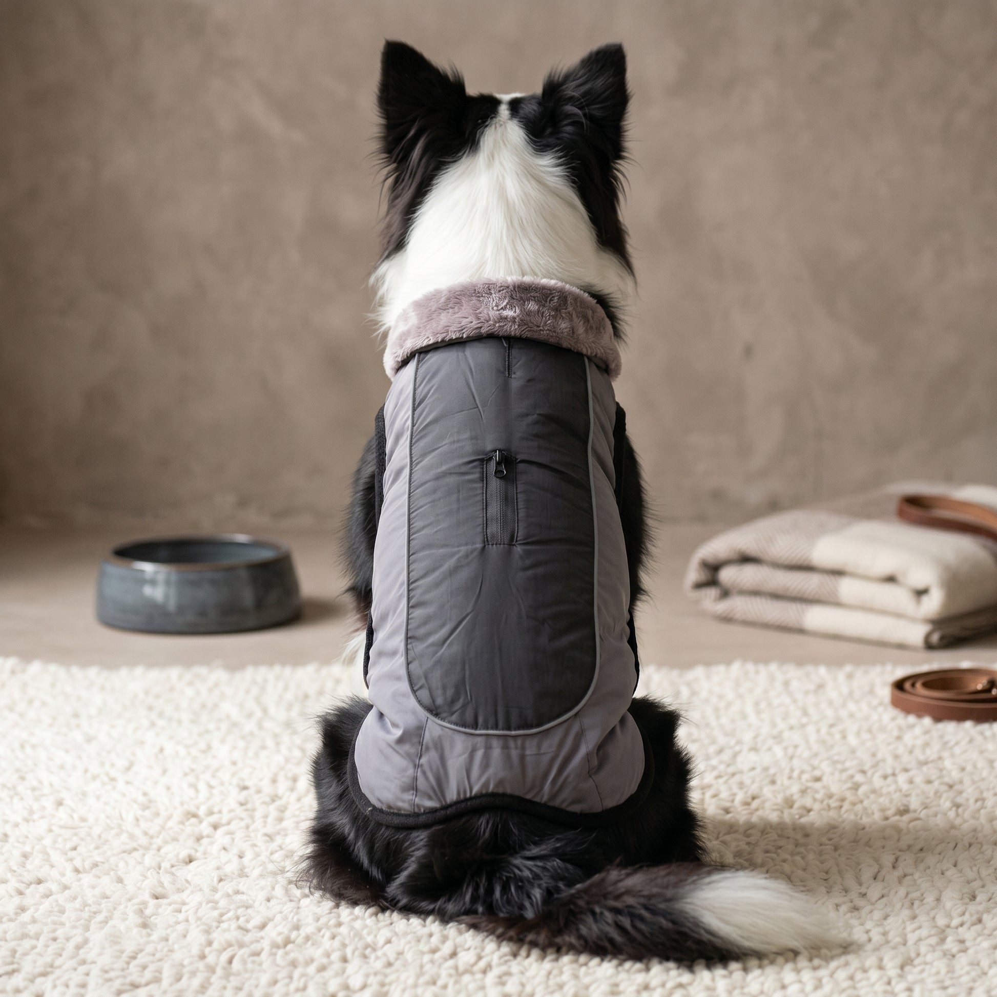 A dog with black and white fur, wearing a grey insulated winter dog jacket, sitting on a soft rug and viewed from behind.