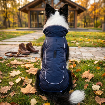 A dog with black and white fur, wearing a blue insulated winter dog jacket, sitting on autumn leaves in front of a rustic wooden house.