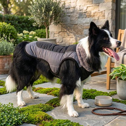 A dog with black and white fur, wearing a grey insulated winter dog jacket, standing outdoors on a stone patio.