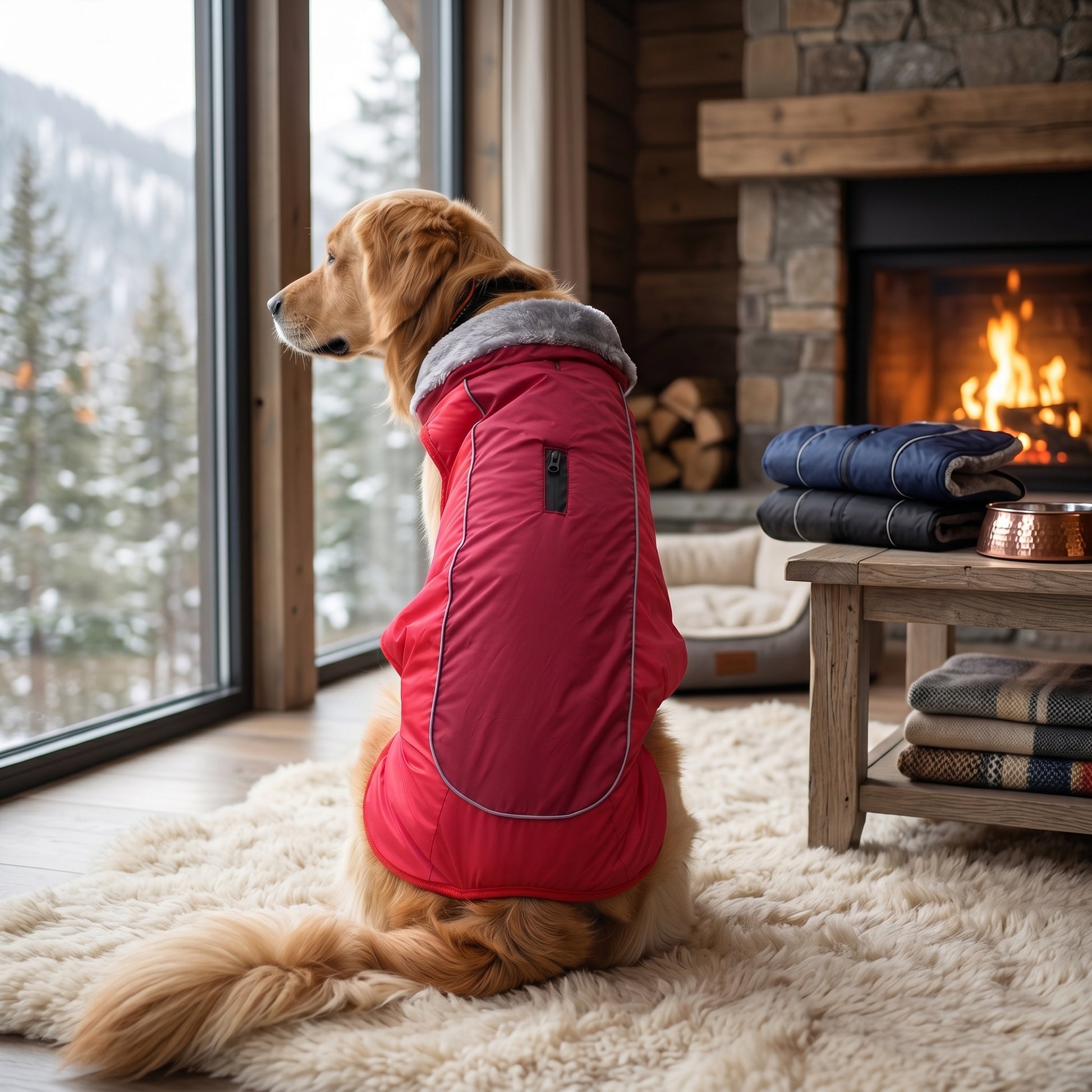 Golden Retriever seen from behind wearing a red winter jacket, looking out at a snowy landscape from inside a cozy wooden cabin.