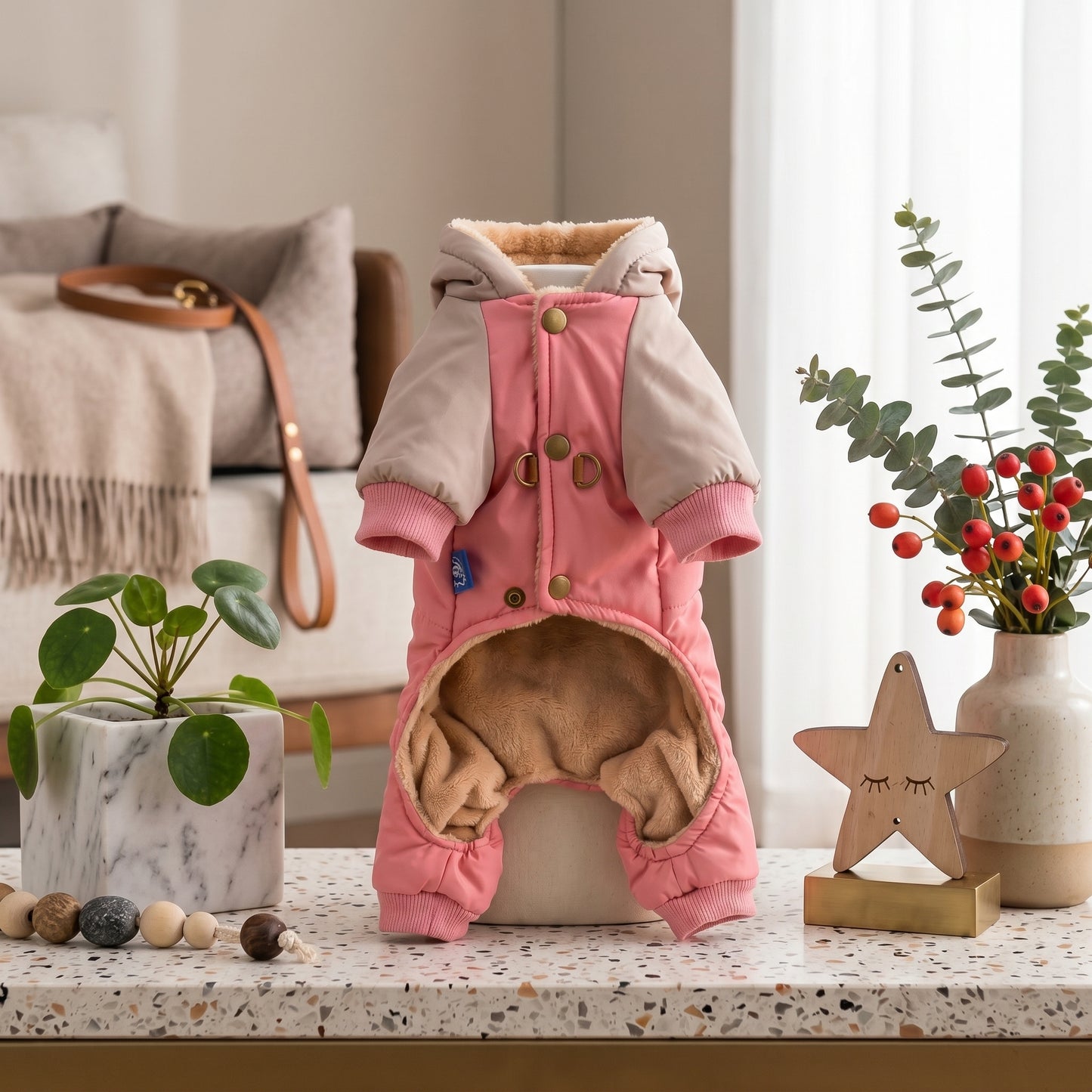 CozyCloud Full-Body pink dog jumpsuit with a hood and warm interior lining, standing on a decorative surface next to a star-shaped ornament.