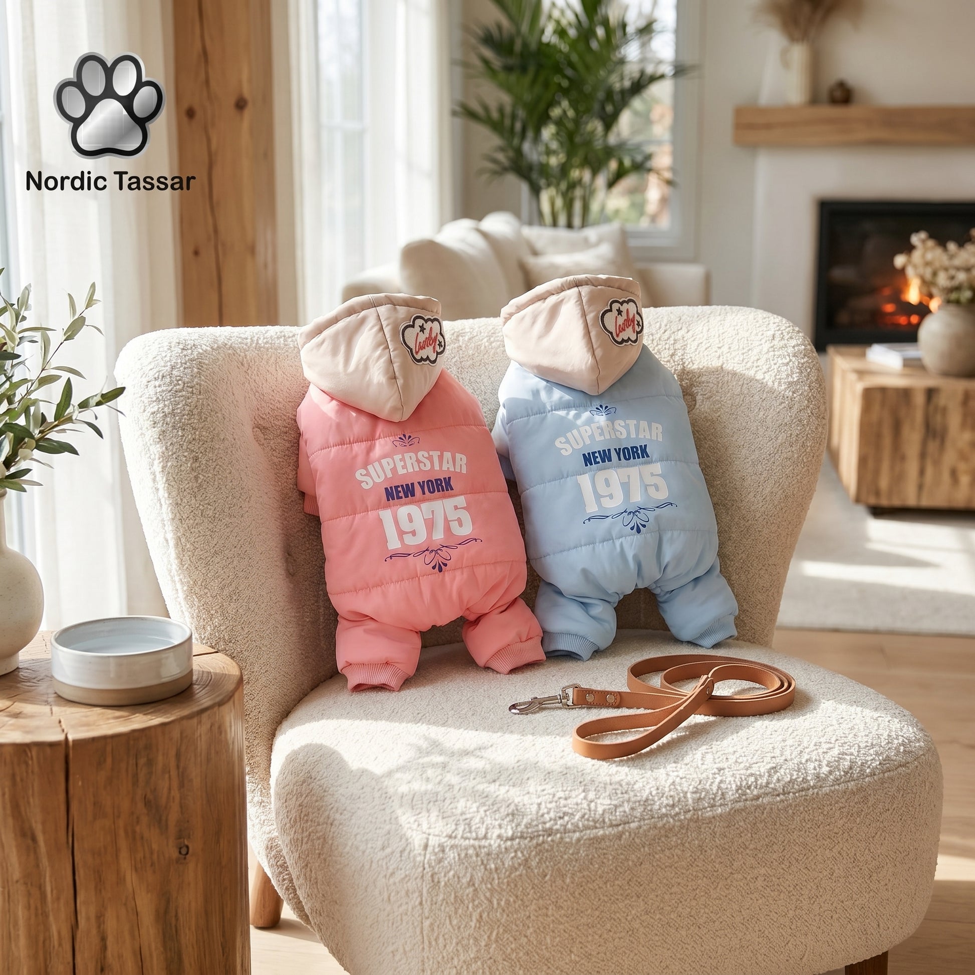 Two CozyCloud Full-Body dog jumpsuits in pink and blue with 'Superstar New York 1975' text, displayed on a modern textured armchair in a cozy living room.