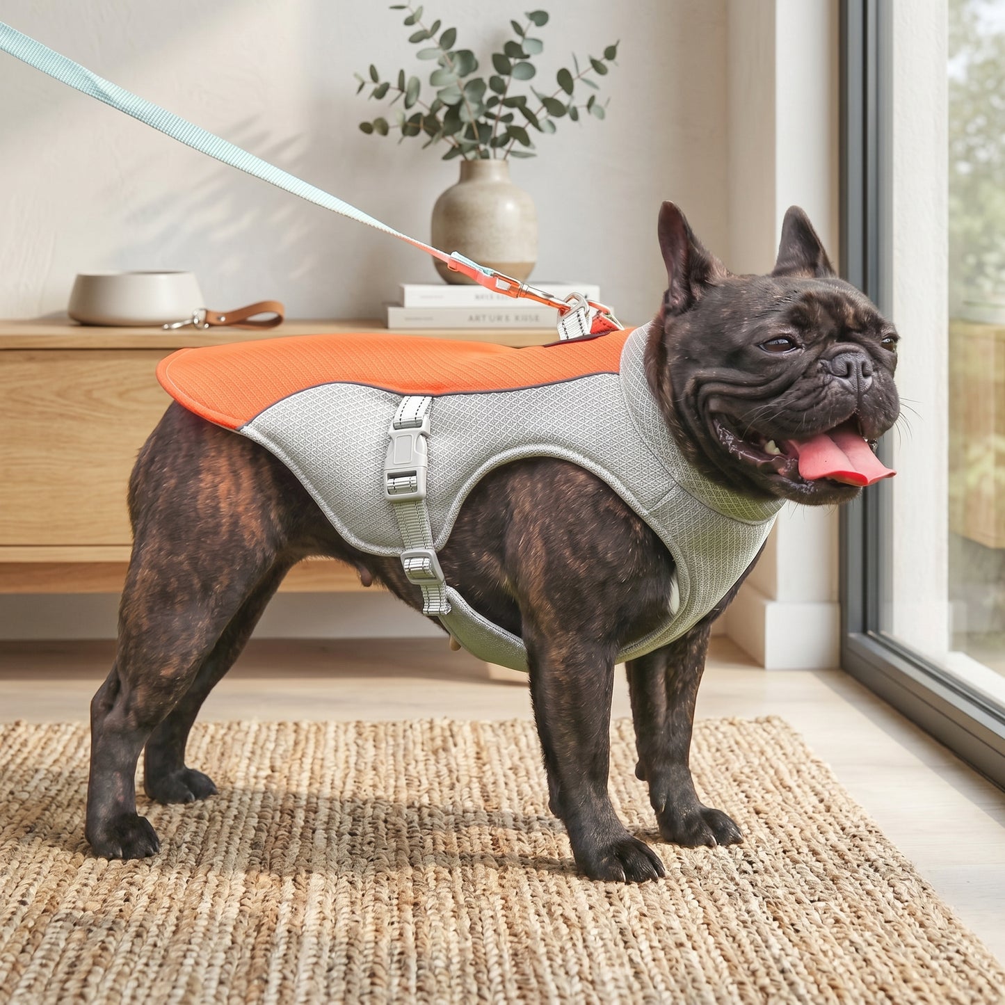 A dark brindle French Bulldog standing on a woven rug indoors, wearing an orange and grey "Arctic Breeze Cooling Vest" with an attached light-colored leash.