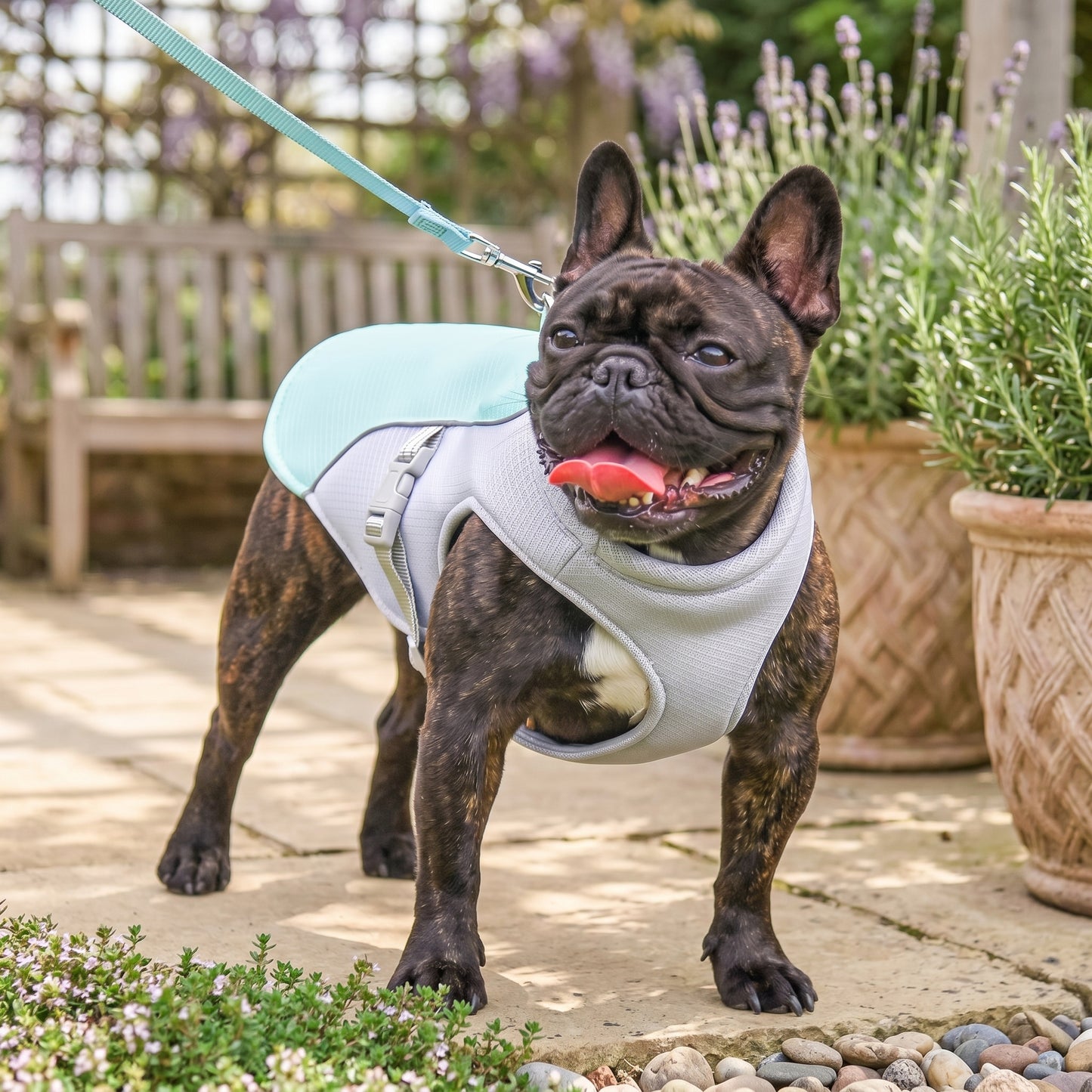 A dark brindle French Bulldog standing in a garden setting next to potted lavender plants, wearing a light blue and grey dog vest with a light blue leash attached.