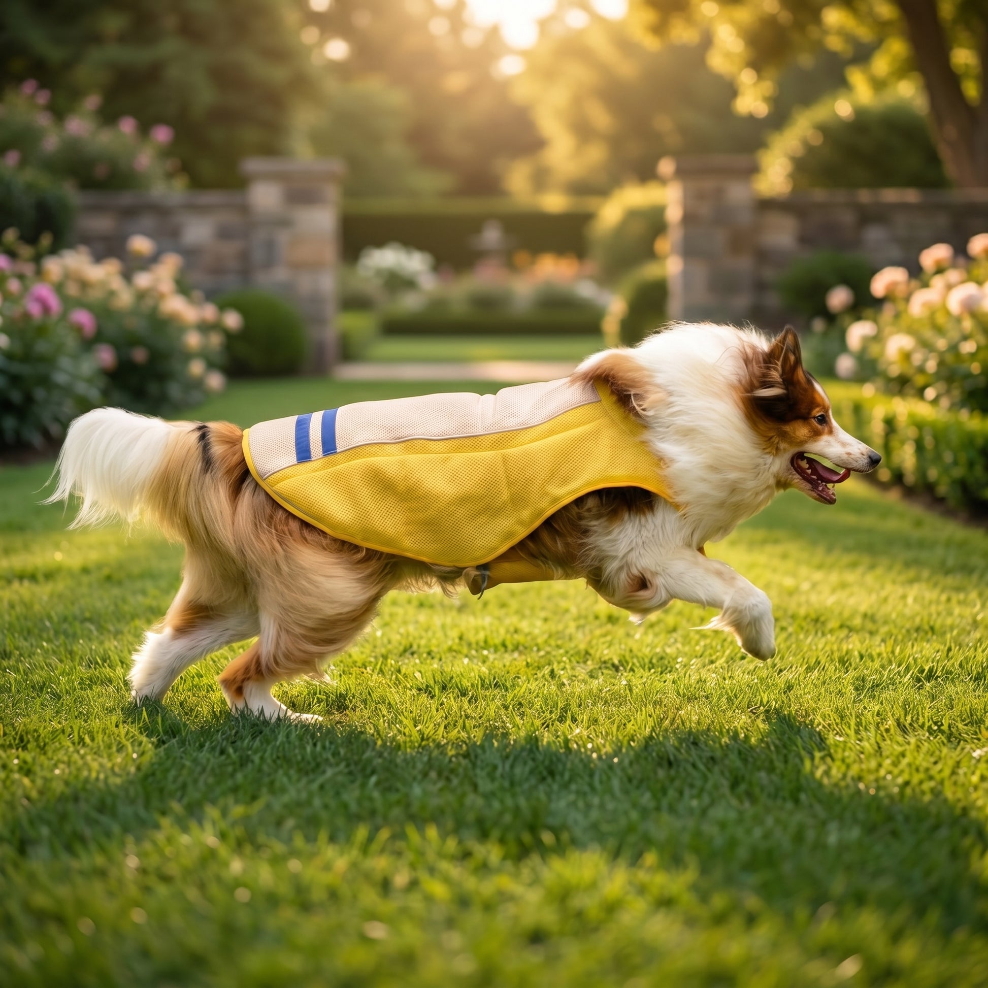 High visibility yellow mesh Arctic Frost dog cooling vest with blue athletic safety stripes worn by a running dog on grass.