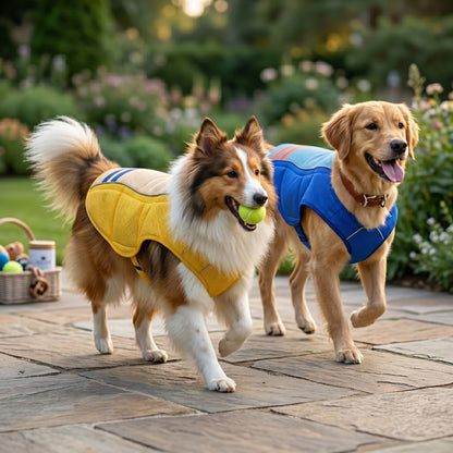 High visibility yellow mesh and royal blue Arctic Frost dog cooling vests with athletic stripes worn by two dogs outdoors.